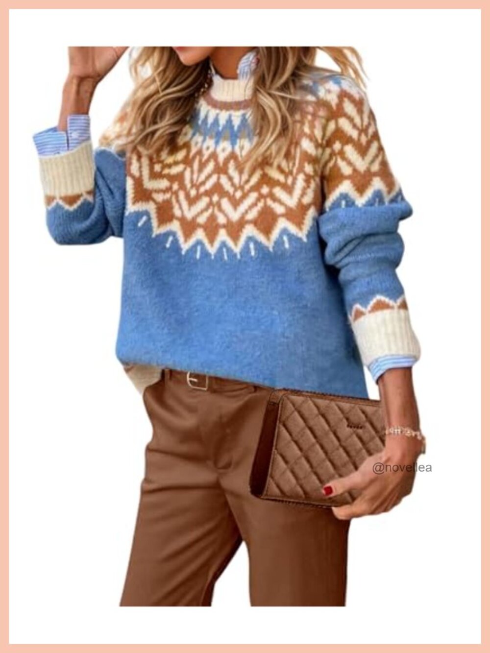 Womens Fair Isle Sweater Vintage Knit Pullover Mock Neck Long Sleeve